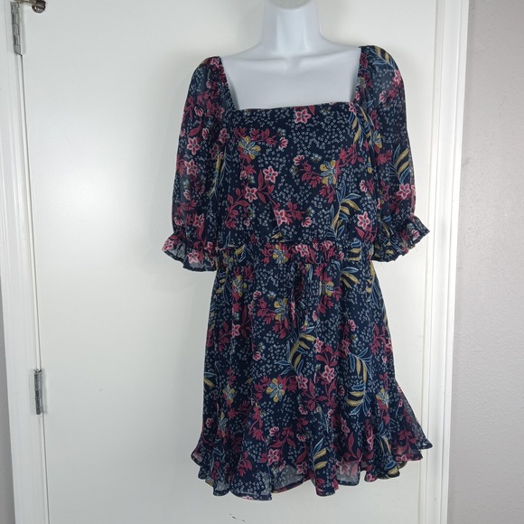 Trixxi Dress Womens Large Floral Square Neck Puff Sleeve Ruffle Boho Chiffon - Picture 3 of 16